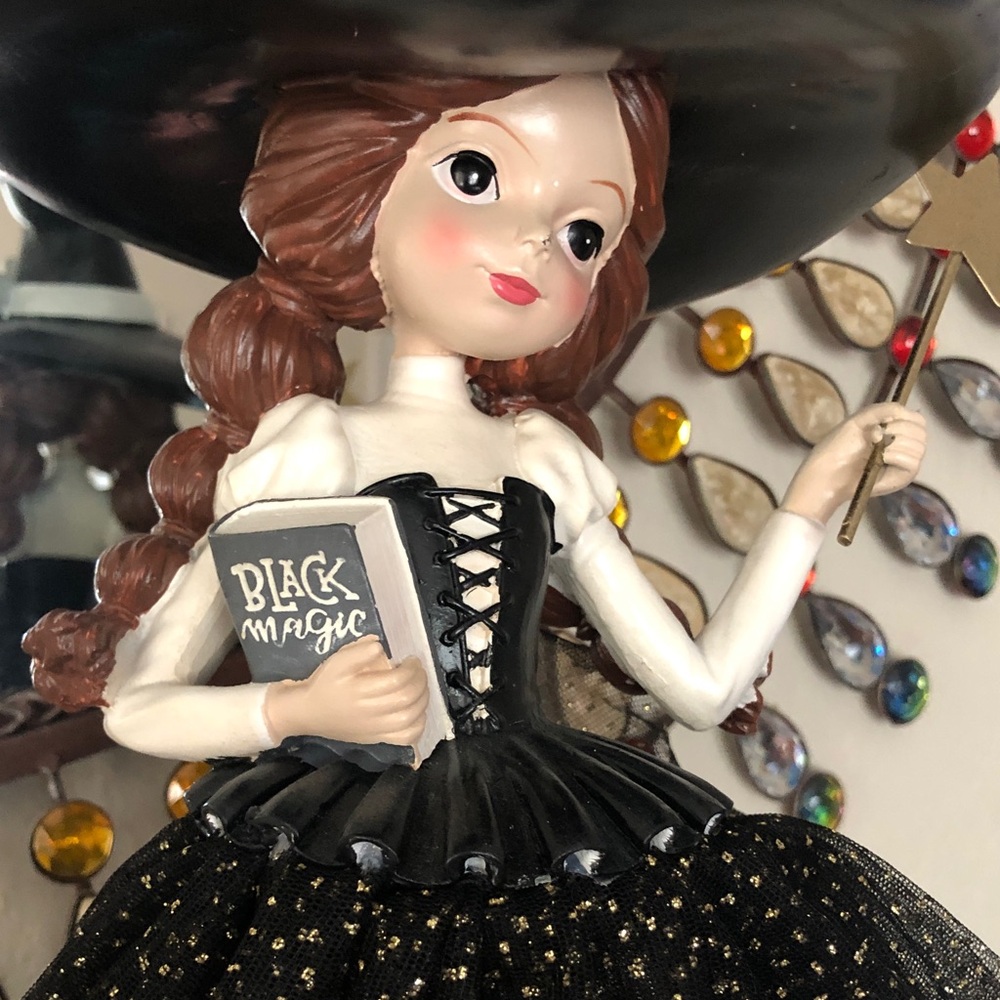 NEW Whimsical Witch Figurine w/Black Magic Book, Black Cat & Star Wand - Picture 5 of 11